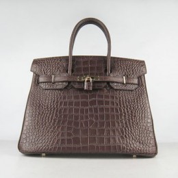 Hermes Birkin 35Cm Crocodile Stripe Handbags Dark Coffee Gold